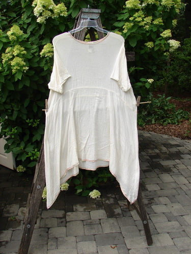 1998 Gauze Over Dress Silk Ribbon Unpainted Chalk Size 2 hanging on a wire hanger from a wooden stepladder, showcasing its lightweight cotton gauze material and hand-dyed silk rainbow ribbon edging.