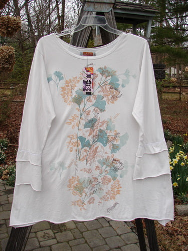 Barclay NWT Petal Sleeve A Line Tunic with garden visit theme, featuring floral design and petal sleeves, made from organic cotton.