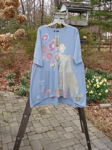 Barclay NWT Three Quarter Sleeve Happiness Tunic with Big Cat Theme, featuring unique script detail and organic cotton fabric.