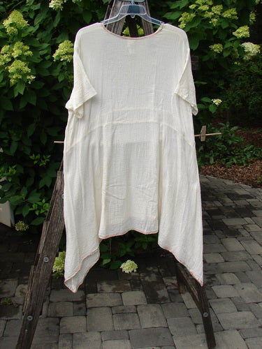 1998 Gauze Over Dress Silk Ribbon Unpainted Chalk Size 2, displayed on a hanger, showcases a loose, drapey silhouette with hand-dyed silk rainbow ribbon edging and an uneven hem, perfect for layering.