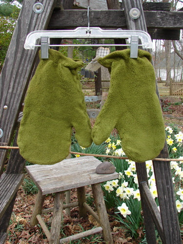 2000 NWT Patched Celtic Moss Mittens on clothes line, wooden stool with rock, green bear garment on pole.
