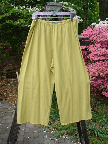 Barclay Crop Tiny Tab Pant Unpainted Sunshine Size 2: A pair of pants on a clothesline, featuring a full elastic waistband, lettuce-edged swinging lowers, and a sweet tiny lower tab. Made from medium-weight cotton lycra, these pants are in perfect condition.