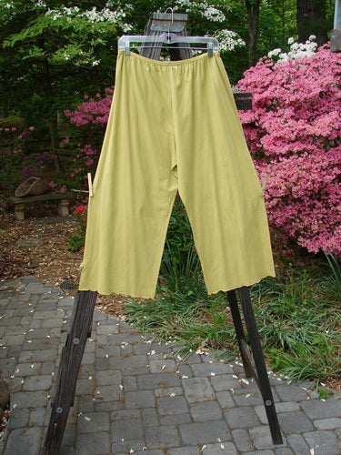 A pair of Barclay Crop Tiny Tab Pants in Sunshine, size 2, on a rack. Made from medium weight cotton lycra, these pants feature a full elastic waistband, lettuce-edged swinging lowers, and a fun unpainted layering piece. Waist: 30-40, Hips: 54, Inseam: 23, Length: 35.