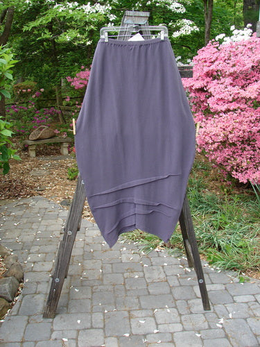 2000 NWT Thermal Awen Skirt on rack. Purple skirt with bell shape and textured diagonal hemline. Waist 30-46, Hips 56, Length 34.