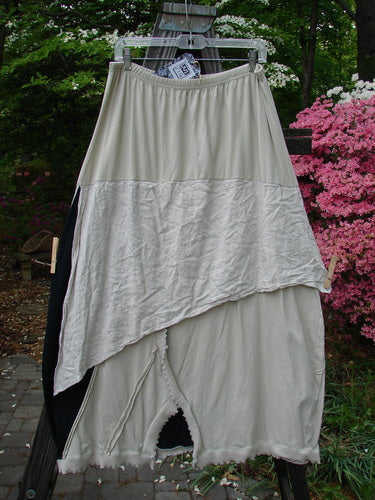 Barclay NWT Mixed Media Swatch Skirt on clothes rack. Layered upper, sectional panels, elastic waistline. Black wash. Size 2.