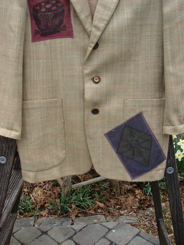 1994 Patched Blazer Elements Wheat Grass Tweed OSFA, a jacket with patches and a spiral design.