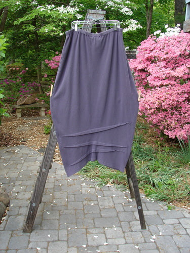 2000 Thermal Awen Skirt, larger elastic waist, eggplant color. Heavyweight cotton thermal with touch of Lycra. Full elastic waistband, generous bell shape, textured diagonal hemline. Waist relaxed 30, extended 46, hips 56, length 34.