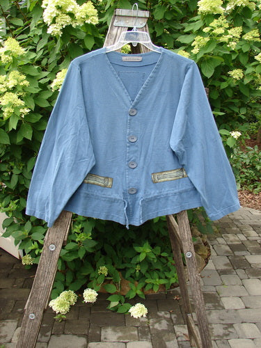 1997 Treehouse Jacket Greek Column Blueprint Size 2 hanging on a wooden ladder outdoors, showcasing a V-neck, three-button front, two pockets, and unique hemline, with decorative Greek column theme details.