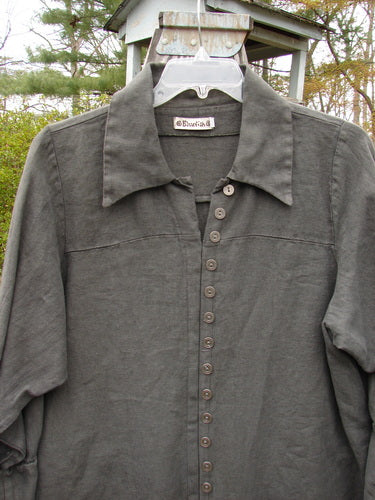 Barclay Linen Metal Button Drop Pocket Pullover Unpainted Grey Storm Altered Size 2 displayed on a hanger, showcasing button accents, V-shaped neckline, cuffed sleeves, and double front pockets.