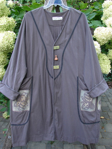 1998 Tiddly Winks Jacket Butterfly Madeira Size 2 features a V-neck with dark piping, three unique toggle fasteners, large patch pockets with patterned inserts, and long sleeves with turn-back cuffs.