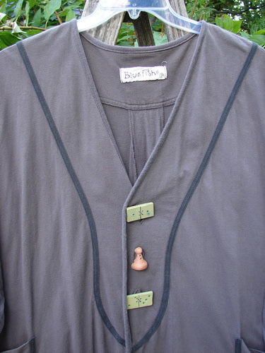 1998 Tiddly Winks Jacket Butterfly Madeira Size 2 features a drapey long-sleeved design with unique star-etched toggles, chess pawn-like button, and upper pleated back, highlighting BlueFish's vintage creativity.