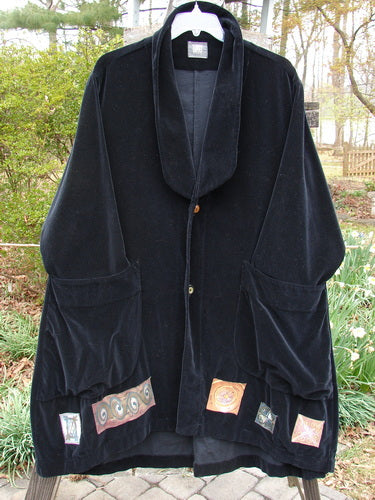1999 Velveteen Poet's Coat Holiday Celtic Black Size 1 featuring oversized front pockets, colorful patched hem, and large vintage button closures.
