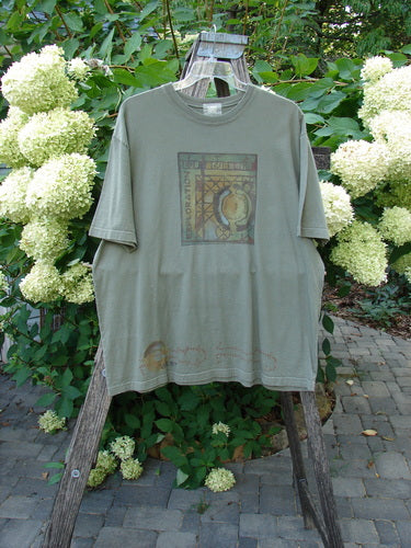 2000 Short Sleeved Tee Celtic Exploration Park Size 2 draped on a wooden ladder, showcasing a square bird motif. Part of the Transitions Collection, it features a thicker ribbed neckline and drop shoulders.