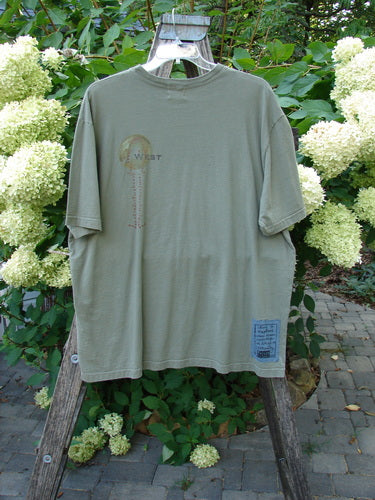 2000 Short Sleeved Tee Celtic Exploration Park Size 2, featuring a ribbed neckline, drop shoulders, and a longer straight shape, displayed on a hanger against a garden backdrop.