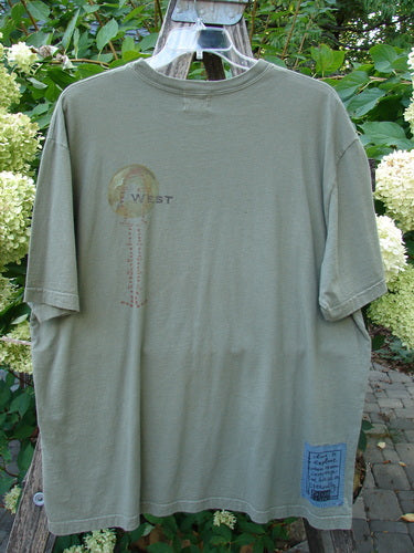 2000 Short Sleeved Tee Celtic Exploration Park Size 2, featuring a faded WEST graphic and key-like design, displayed on a ladder amidst green foliage and hydrangeas, showcasing BlueFishFinder's vintage style.