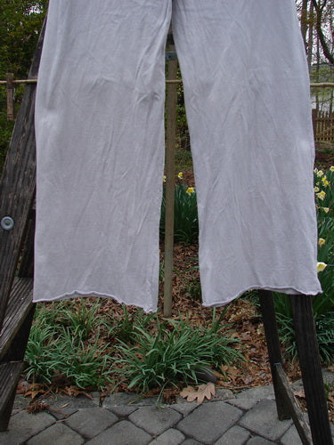 Barclay NWT Simple Cha Cha Pant Unpainted Ricepaper Size 0, hanging on a clothesline outdoors, showcasing its lightweight organic cotton fabric and slightly flared lower design.