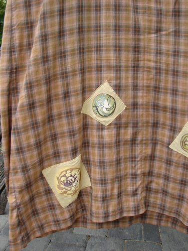 1999 Patched Overall Jumper Mixed Far Eastern Gold Plaid Size 2: A large linen cloth with brown/olive plaid and diamond-shaped floral patches, featuring practical pockets and button details, epitomizing Bluefishfinder's vintage creative flair.