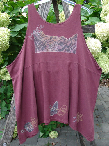 1994 Short Simple Smock Magic Music Beet Size 2, featuring a sleeveless design with abstract tribal print and floral motifs, displayed on a ladder, capturing Bluefishfinder's unique vintage style.