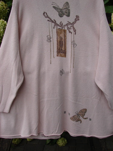 1994 2 Button Cardigan Sweater Magical Garden Pink Granite OSFA; vintage oversized cardigan, pale pink with butterfly and branch prints, open front, deep V-neck, ceramic buttons, from BlueFishFinder.com's unique collection.