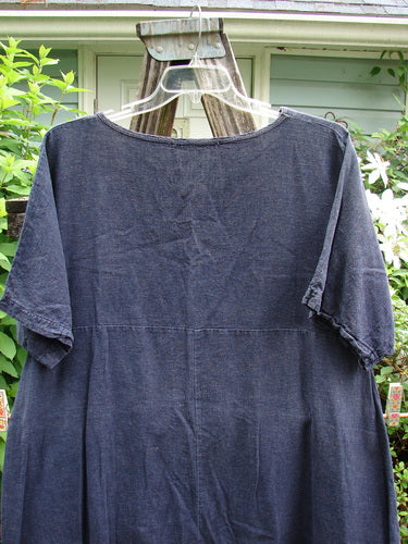 Barclay Hemp Vented Drawcord Dress Moon Night Denim Size 1, showcasing a rounded neckline, single side pocket, vertical drawcord, vented sides, and A-line silhouette with moon night theme paint.