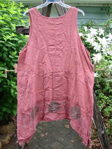 Barclay Linen Quad Pocket Vented Pinafore Twig Russet Size 2 features a unique neckline, widening A-line shape, quad exterior pockets, and a twig and leaf theme, embodying BlueFishFinder's creative vintage style.