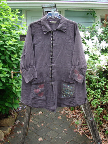 Barclay Linen Metal Button Drop Pocket Jacket Floral Reach Brum Size 2 features long billowy sleeves, painted cuff accents, metal buttons, elastic loop closures, double front pockets, and vented sides, embodying Bluefishfinder.com's vintage style.