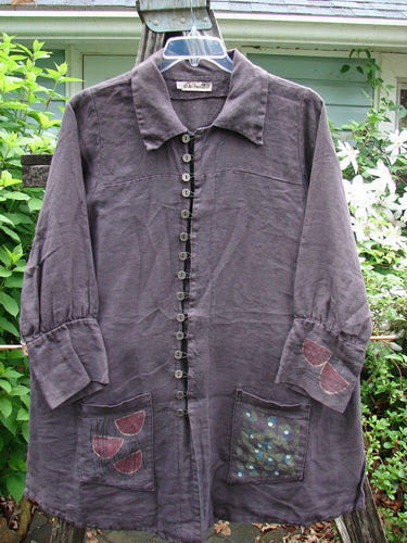Barclay Linen Metal Button Drop Pocket Jacket Floral Reach Brum Size 2, featuring long billowy sleeves with painted cuffs, double drop front pockets, and decorative metal buttons, ideal for expressing individual style.