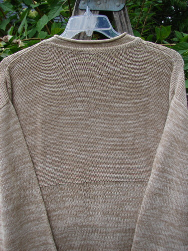 Barclay Jennifer's Rollneck Sweater Marled Aspen OSFA, displayed outdoors, shows a textured knit with a curved empire waist and rolled hems, highlighting its generous shape and excellent drape.