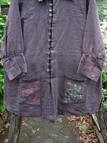 Barclay Linen Metal Button Drop Pocket Jacket Floral Reach Brum Size 2 features long billowy sleeves, metal buttons, elastic loop closures, dual drop pockets, and vented sides, embodying Bluefishfinder.com's vintage, expressive style.