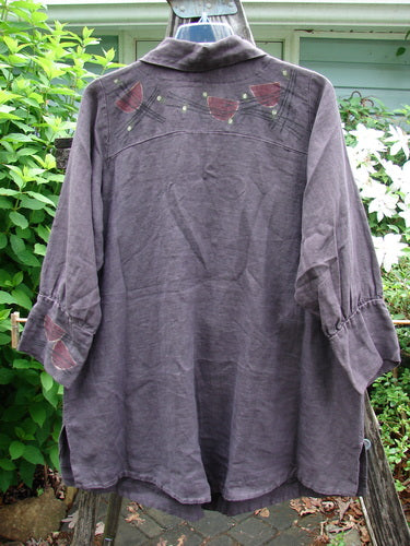 Barclay Linen Metal Button Drop Pocket Jacket Floral Reach Brum Size 2; features billowy sleeves, painted cuff accents, metal buttons, elastic loop closures, double drop pockets, and vented sides, crafted from heavier weight linen.