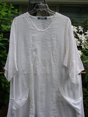Barclay Linen Side Pocket Tab Tunic Dress Unpainted White Size 2 features a scooped neckline, S-shaped seams, wide short sleeves, and dual drop pockets, offering a versatile, lightweight linen design.