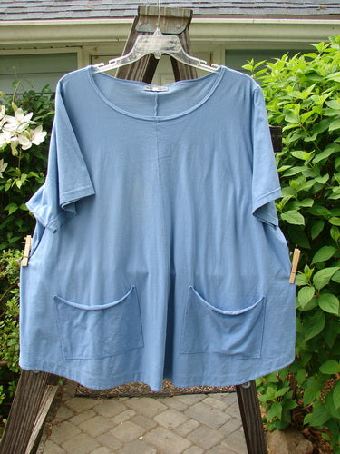 A Barclay Double Pocket Twinkle Top in Sky, Size 2. A blue shirt with pockets on a swinger, featuring a rounded banded bottom shape and a scalloped hemline. Made from organic cotton.
