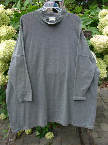 1999 Cotton Lycra Square Mock Pullover Unpainted Black Stripe Size 2, showcasing a loose, long-sleeved design with a stand-up mock turtleneck and dolman drop shoulders. Perfectly embodies Bluefishfinder's vintage, expressive style.