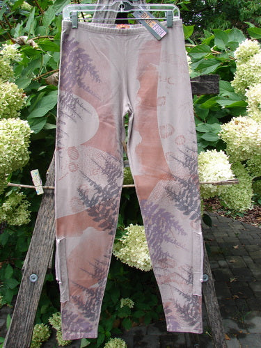 Barclay NWT Cotton Lycra Side Gather Drawcord Legging Forest Moon Oriel Size 1, featuring a fern print, fitted design, elastic waistband, and tapered legs with drawcords, displayed against lush foliage.