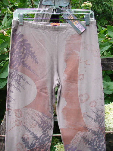 Barclay NWT Cotton Lycra Side Gather Drawcord Legging Forest Moon Oriel Size 1 features abstract fern-and-organic print, hanging outdoors, showcasing its stretch style and detailed design with drawcords and elastic waistband.