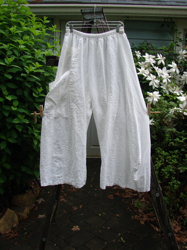 Barclay Linen Upper Dual Pocket Dimension Pant in Unpainted White, Size 2, featuring a full elastic waistline, vertical seams, billowy flair, tiny upper pocket, and larger side pocket.
