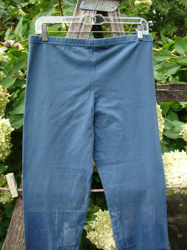 Barclay NWT Cotton Lycra Legging Light Scribe Echo Blue Size 1 hangs on a wooden drying rack outdoors, showcasing its form-fitting style and elastic waistband.