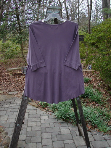 Barclay Banded Sleeve Twinkle Pocket Top Bonsai Tree Plum Size 1 displayed on a rack, featuring a rounded neckline, double exterior pockets, and three-quarter-length banded sleeves.