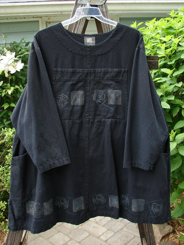 1999 Denim Romper Tunic Dress with Spin Forest theme paint, featuring split bib pockets, cargo-style pockets, and a rounded neckline. Size 2.