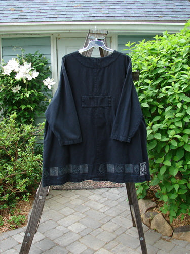 1999 Denim Romper Tunic Dress with Spin Forest Paint, featuring bib pockets, cargo-style pockets, and a sectional back seam. Size 2.
