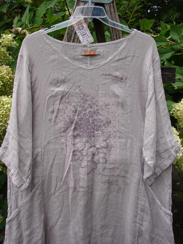 Barclay NWT Linen Wave Pocket Dress Floral Bunch Vintage Quartz Size 1 displayed on a hanger, showcasing a subtle floral print, V-neckline, tiered sleeves, and seamless bodice with front pockets.