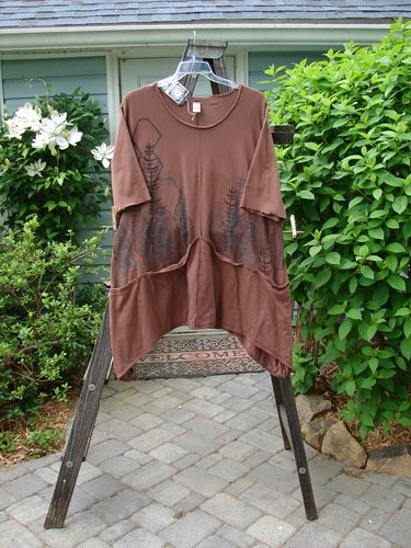 Barclay NWT Angle Point Drawcord Pocket Tunic Dress Forest Red Clay Size 2 - A brown shirt with a design on it, featuring a rounded neckline, drop pockets, and a rear drawcord.