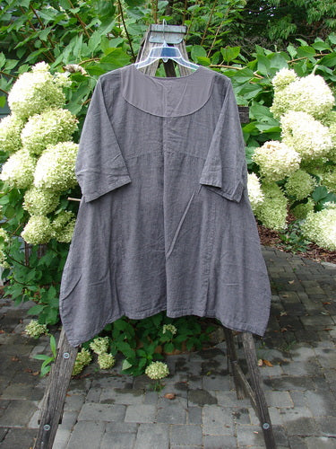 Barclay NWT Linen Cross Over Urchin Dress Stripe Mineral Size 1, showcasing a loose-fitting slate-gray tunic with elbow-length sleeves, rounded yoke, hung on a ladder amidst hydrangeas, embodying BlueFishFinder's vintage charm.