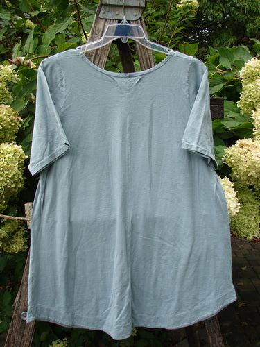 Barclay NWT Seedling Top Dandelion Early Blue Sky Size 1 displayed on a clear hanger, showcasing its scalloped hemline and feminine neckline, with outdoor garden backdrop enhancing its organic cotton elegance.