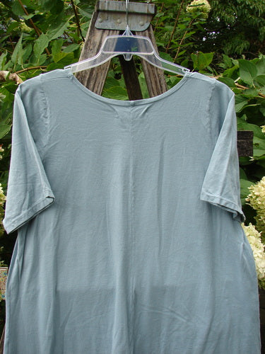 Barclay NWT Seedling Top in Early Blue Sky features a feminine neckline, scalloped hemline, and fun pockets. Hanging outdoors on a clear hanger, it showcases its full bottom swing design.