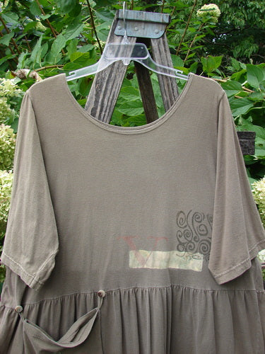 1994 Flower Garden Dress Wind Medallion Bark Size 2 displayed on a hanger outdoors. Features a loose fit, gathered waist with tie, elbow-length sleeves, scoop neckline, and a printed swirl motif near the pocket.