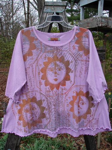 Barclay Three Quarter Sleeved Crop A Lined Tee Sun Guy Mottled Peony Size 1 featuring a face design on the front, rounded neckline, and sweet curly edgings.