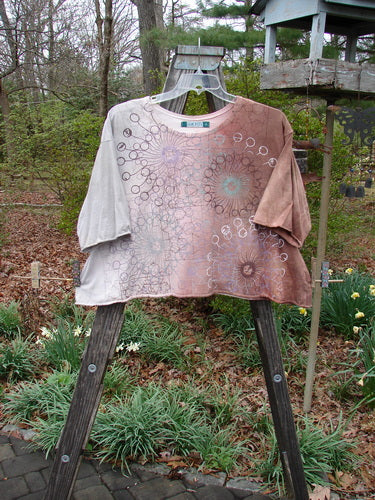 Barclay Three Quarter Sleeved Crop A Lined Tee Star Ray Mottled Earth Size 2 displayed on a wooden ladder outdoors, highlighting its flowy design, rounded neckline, and curly edgings.