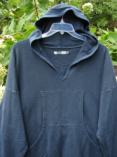 Barclay Cotton Hemp Hip To Be Square Hoodie Rear Botanicals Black OSFA, featuring a V-notch neck, kangaroo pocket, and cozy hood, displayed against lush greenery, reflecting Bluefishfinder.com's vintage creative expression.