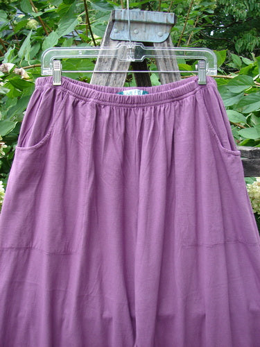 Barclay Basic Pocket Flutter Flare Pant Unpainted Magenta Size 2, featuring a casual maxi style with side pockets and an elastic waistband, displayed outdoors against greenery on a clear plastic hanger.
